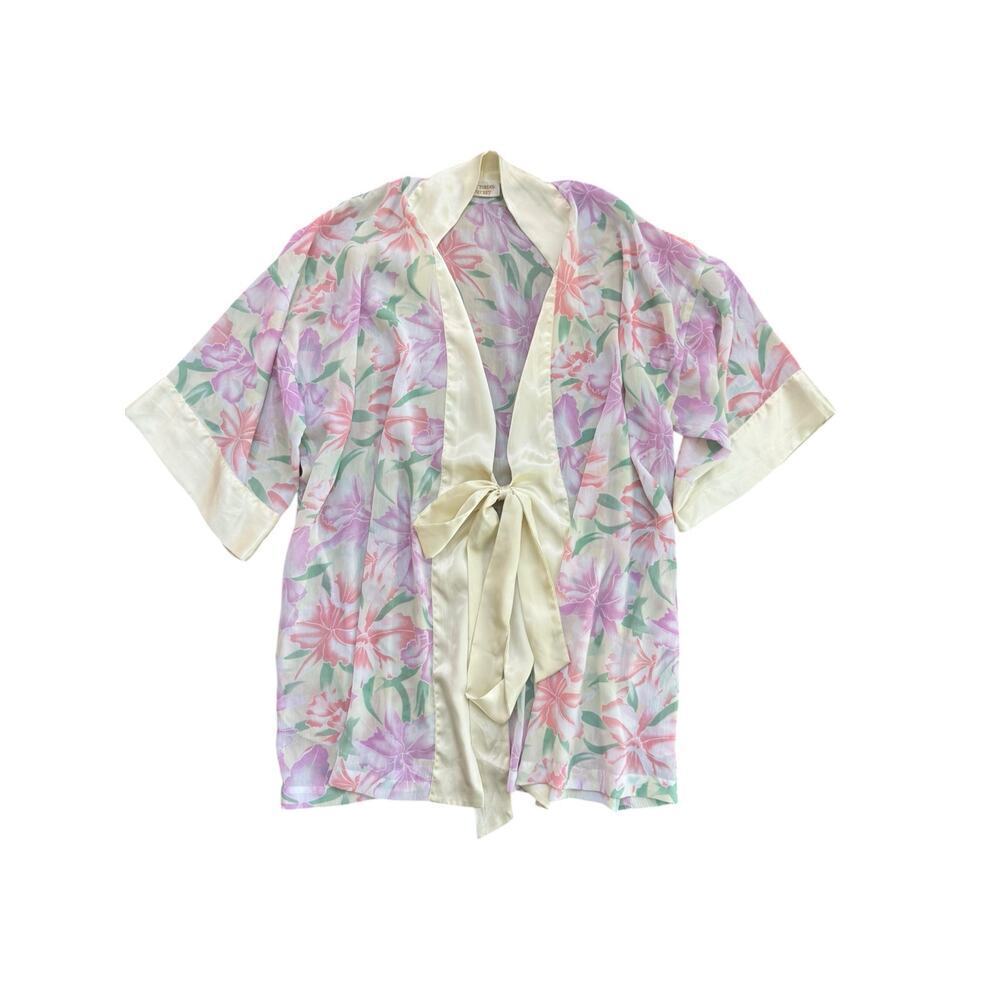 Victoria's Secret Pink Purple Gold Label Floral Print Satin Kimono Robe Size S